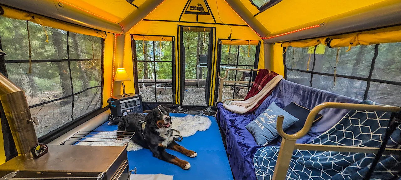 Inside a glamping tent